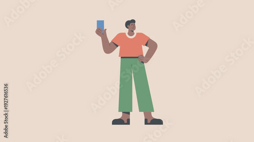 A cartoon man holding a smartphone in a confident pose with one hand on his hip