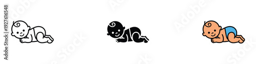 Cute crawling baby icon set. Happy infant in diaper for childcare and parenting design. Vector Illustration.