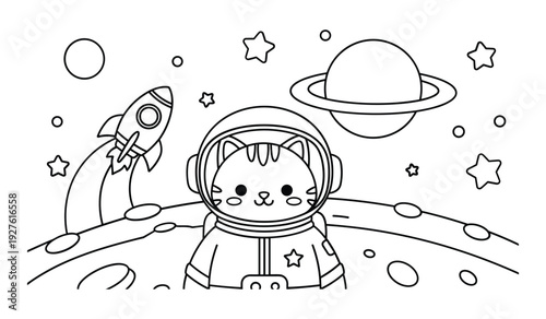 Cute cat astronaut on moon with rocket and planets in space