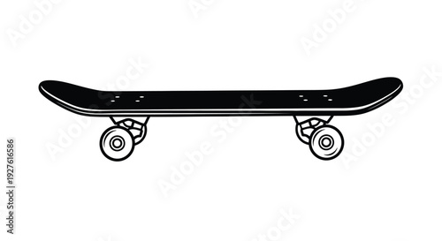 A black and white illustration of a classic skateboard on a white background
