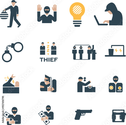 Crime and thief icon set featuring burglar, hacking, handcuffs, money theft, security breach symbols, flat vector illustration for law enforcement concepts
