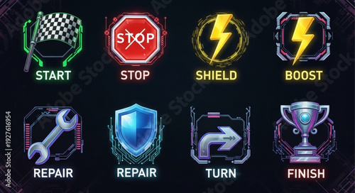 Collection of game interface icons for racing, including start, stop, shield, boost, repair, turn, and finish.