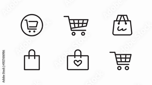 A set of black line icons depicting various shopping bags and carts on a white background