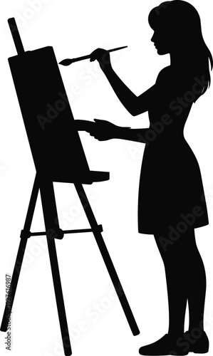 Black silhouette of a female artist painting on a canvas with an easel for creative hobby, art studio, and 