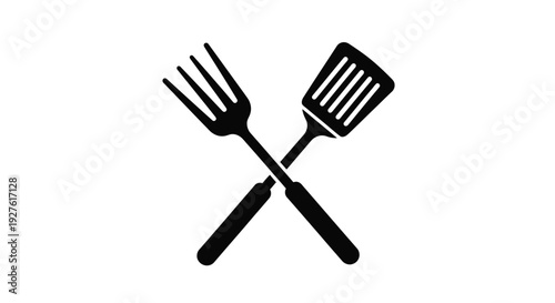 Black fork and spatula crossed on a white background