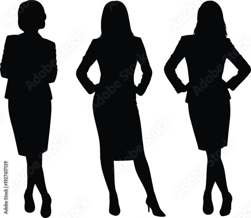 Silhouette of three professional business women in formal suits standing in confident poses isolated on white background for corporate leadership concepts