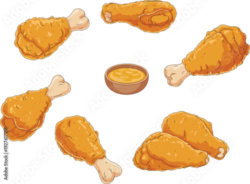 Crispy fried chicken drumsticks with dipping sauce bowl vector illustration, golden crunchy fast food set isolated on white background