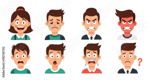 Diverse collection of human faces expressing various emotions in a vibrant illustration.