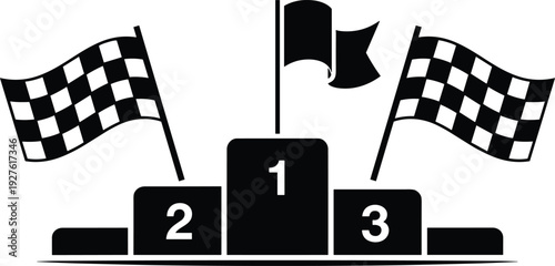 Winners podium with checkered racing flags and first second third places, black and white vector competition award illustration icon