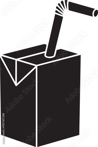 A black and white image of a carton with a straw isolated on transparent background, Vector