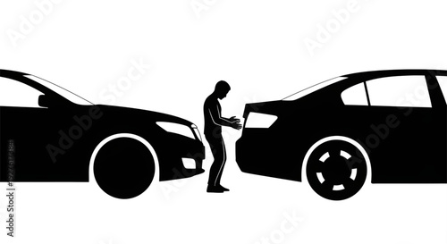 Silhouette of a man inspecting a car accident between two vehicles for insurance claim