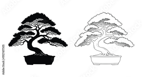 Two bonsai tree illustrations one solid black and one line art