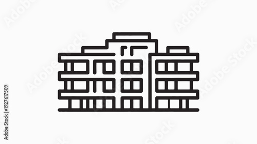 A simple line drawing of a modern multi-story building with a clean and minimalist design