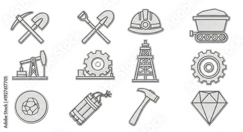 Mining and industrial tools and equipment illustration set on white background.