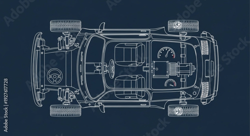 Detailed blueprint of a car chassis, showcasing mechanical components and design.