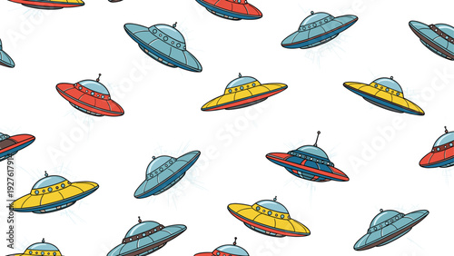 Colorful flying saucers in red, blue, and yellow shades create a playful seamless pattern over a white background representing space travel.