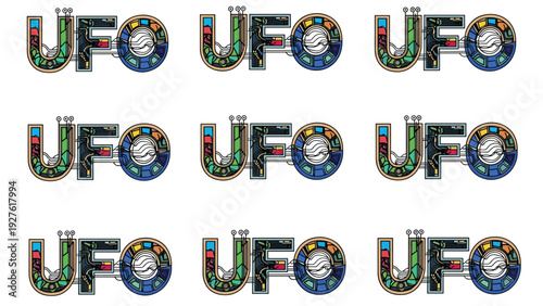 Creative typographic logos spelling out the word UFO are displayed in a grid pattern with colorful stained glass textures and futuristic elements.