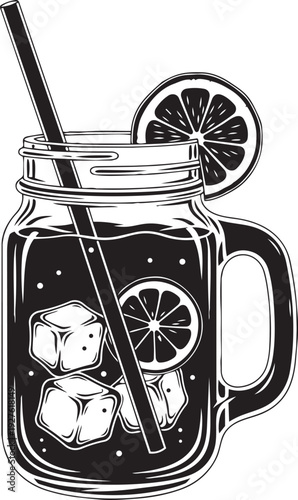 A black and white drawing of a drink with ice and lemon isolated on transparent background, Vector