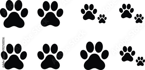 Animal paw print silhouette collection with dog and cat tracks, black pet feet marks flat vector illustration isolated on white background.