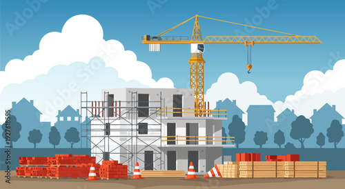 Vector illustration of gray concrete building under construction site with yellow crane and scaffolding