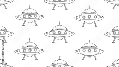 Intricate black outline drawings of retro style flying saucers form a seamless repetitive pattern on a plain white background for art projects.