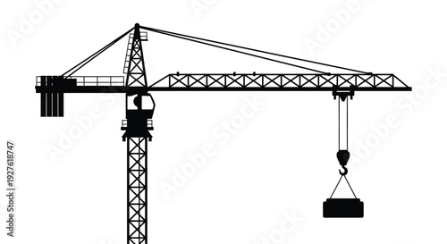 Black and white silhouette of a tower crane with a hanging load