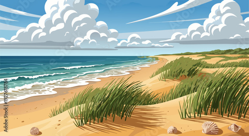 Vector illustration of tranquil sandy beach with gentle waves and fluffy white clouds at sunset