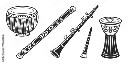 A diverse collection of traditional musical instruments from various cultures Vector