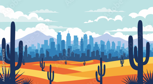 Vector illustration of orange desert with cacti and distant blue skyline mountains