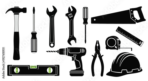 Collection of common hand and power tools in black and white