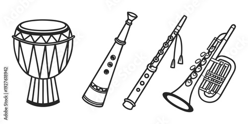 A variety of musical instruments including a drum, flute, saxophone, and trumpet. Vector