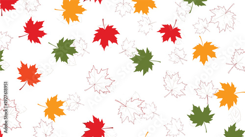 Diverse mix of maple leaves in autumn colors including red, orange, green, and delicate outlines create a festive seasonal background pattern.
