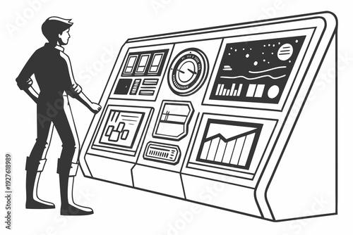 A man standing in front of a large digital screen displaying various icons Vector