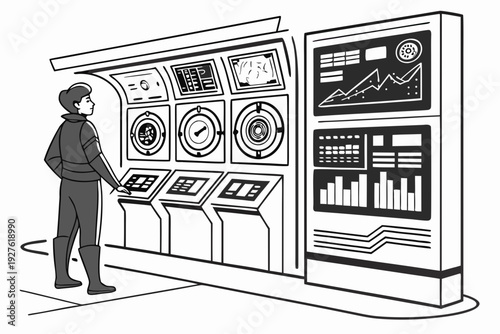 A man is looking at a row of old arcade video game machines. Vector