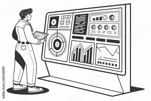 A person standing in front of a control panel with various dials and switches. Vector