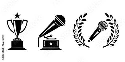 Award ceremony with trophy, microphone, and laurel wreath icons Vector