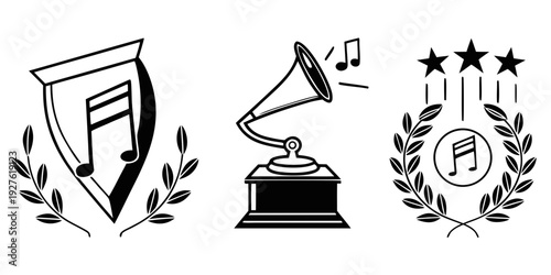 Award symbols including a trophy, a shield, and a star-studded laurel wreath. Vector