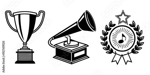 A collection of trophies, a gramophone, and a medal representing achievements and recognition. Vector
