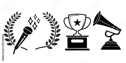 Award ceremony with microphone, laurel wreath, trophy, and gramophone Vector