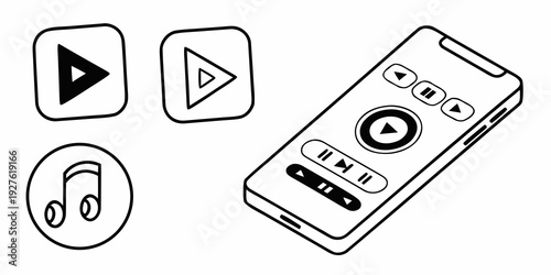 Illustrations of music controls and a smartphone music player Vector