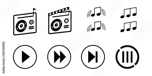 A collection of icons representing various media playback and music functions. Vector