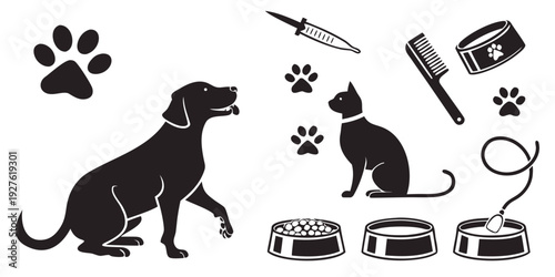 A collection of various dog-related icons and illustrations Vector