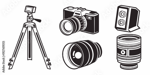 Professional camera equipment on display at a photography exhibition Vector