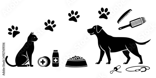 A black and white illustration of a dog and cat with pet care items. Vector