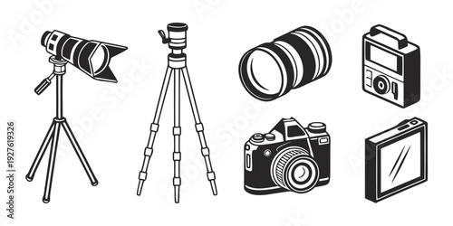 A collection of photography equipment including cameras, tripods, and lenses. Vector