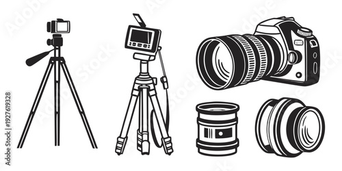 Photography equipment including a tripod, camera, and various lenses Vector