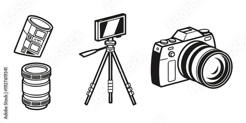 A collection of vintage cameras and a smartphone on a tripod Vector