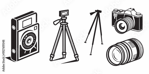 A collection of vintage cameras and audio equipment arranged on a white background Vector