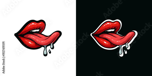 Cartoon red lips sticking out tongue with saliva drops in 90s aesthetic style