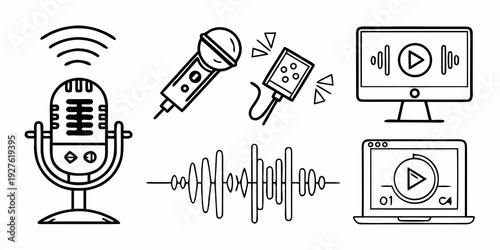 Illustration of various audio recording and broadcasting equipment and their functions Vector